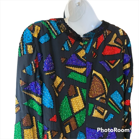 Vintage OLEG CASSINI Black Tie 100% Silk beaded Dress size 4 - Picture 12 of 17